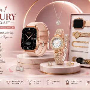 A58 Plus Full Luxury Women’s Combo Set: Gold Stone-Studded Smartwatch & Analog Watch with Complete Matching Jewelry Set (Necklace, Earrings, Ring, Bracelet) & Spare Pink Strap