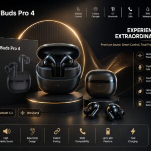 Premium Buds Pro 4 Wireless Earbuds - Voice Changer - Volume Control - Touch Control - Heavy Bass - Gaming Mode - Long Battery Life - Voice Changer, Heavy Bass, Gaming Mode, Touch Control, Long Battery Bluetooth Earphones