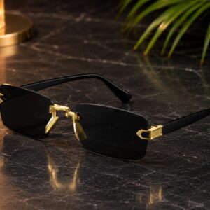 LUXURY BLACK RIMLESS GOLD-ACCENT SUNGLASSES